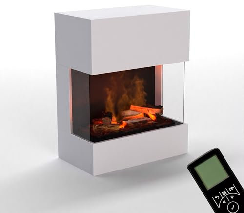 GLOW FIRE Wasserdampf Kamin KÄSTNER Wall (Wandkamin) - Elektrokamin mit realistischen LED 3D-Flammen, Knistereffekt & Fernbedienung, 70x89x40 cm - Opti-Myst 600 Elektro Kamin, Weiß