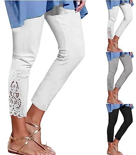 Generisch Damen Capri 3/4 Leggings High Waist Leggins Blickdicht Sporthose Sexy Bauchweg Gymnastikhose Übergröße Mit Spitze Leggings (00 Weiß, L)