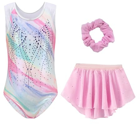 SEAUR Turnanzug Mädchen Gymnastikanzug Glitzer Gymnastik Trikot mit Rock und Haarband Kinder Ärmellos Leotard Set Mehrfarbig 5-12 Jahre