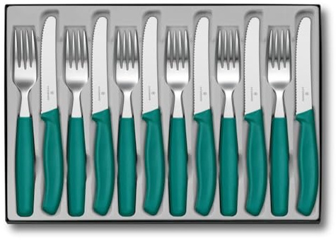 Victorinox Classic Tafelbesteck Set, 12-teilig, Messer und Gabeln, Grün | Besteck-Set für 6 Personen, mit 6 Tafelmesser mit Wellenschliff und 6 Tafelgabeln, Rostfreier Stahl, Spülmaschinenfest