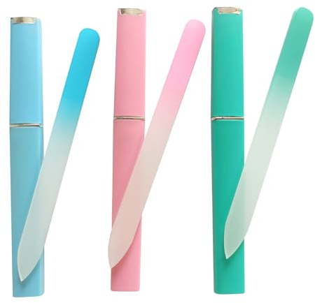 Set di lime per unghie in vetro, 3 colori, con custodia, doppia faccia con cristalli, per la cura professionale delle unghie