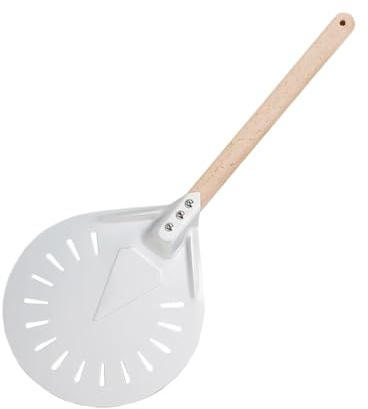 SkyjOy Pelle Pizza Pelle à Pizza rotative, Outil à Pizza Rond et Court, poignée en Bois antidérapante, Pelle à Pizza perforée en Aluminium Pelle A Pizza(25x62.5cm)