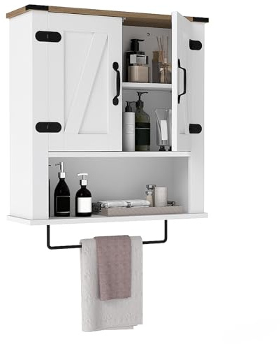 COSTWAY Badschrank hängend, Badezimmerschrank mit Handtuchhalter & Verstellbarer Ablage, Hängeschrank Holz, Medizinschrank Wandschrank für Badezimmer, Landhausstil, 60 x 20 x 72,5 cm, weiß