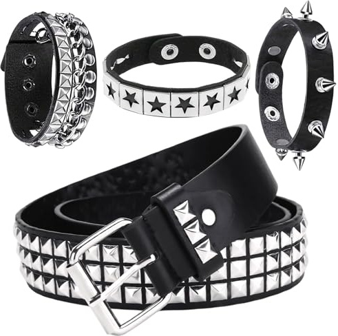 PjuQow Punk-Nietengürtel aus PU-Leder & Punk-Leder, Gothic Rock Gürtel mit Nieten & Ösen, Punk-Armband & Armband Set – 80er-Jahre Retro Stil, Perfekter Gürtel für Jeans & Hosen