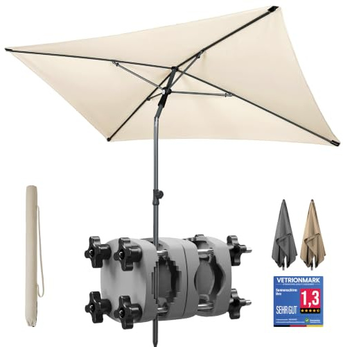 4smile Sonnenschirm Balkon SunnyShade 3-in-1 SET in Beige - UPF 50+ Sonnenschirm rechteckig 200 x 125 cm + Sonnenschirmhalter Balkongeländer + Sonnenschirmhülle