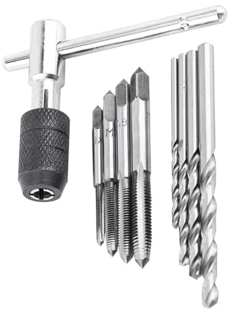 TIKATARER Metrisches Windeisen-Set, Gewindeschneidwerkzeug aus Lagerstahl, Einhändig Bedienbares T-Griff-Set mit 4 Gewindebohrern und 4 Spiralbohrern, M3-M6 für Manuelles Gewindeschneiden