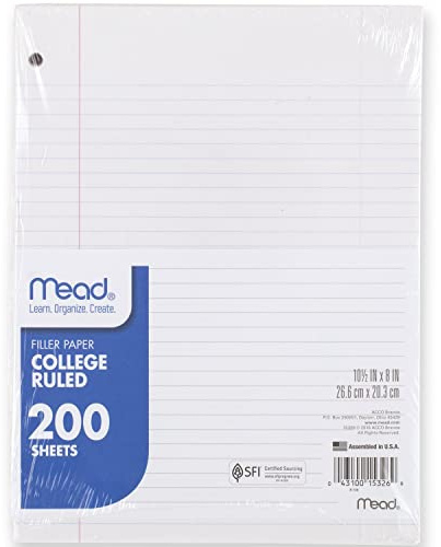 Mead Loose Leaf Paper, Notebook Paper, College Ruled Filler Paper, Standard, 8 x 10.5, 200 Sheets (15326)