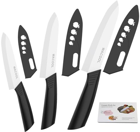 WACOOL Ceramic Knife Set with Sheaths, include 3-Piece: 6-inch Chef's Knife, 5-inch Utility Knife, 4-inch Fruit Paring Knife (Black Handle)