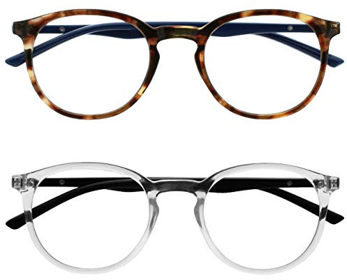 OPULIZE Met Lunettes de Lecture Anti-Lumière Bleue Pack de 2 Montures Rondes et Mincess Charnières à Ressort Améliore le Sommeil Jeux Ordinateur Marron Transparente Hommes Femmes BB60-2C +1.50