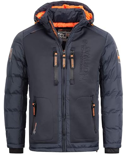 Geographical Norway Quiltad jacka för herr, vinterjacka med huva, fodrad varm anorak S–7XL, utomhus, SKI snowboard, huvjacka för vinter/hösten – IMS-produktion, marinblå, XL