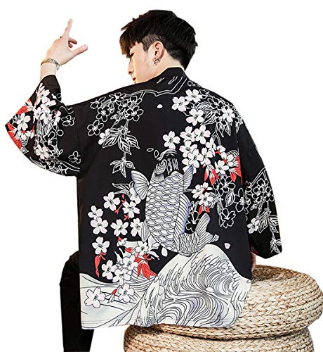 Seidarise Haori jacka för män, kimono, cardigan, Yukata Noragi Happi kappa, herr, 1-svart3, L