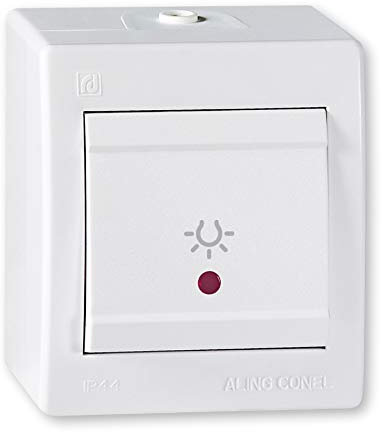 ALING-CONEL Aufputz Taster mit Lichtsymbol und Glimmlampe 10AX/250V~ / IP 44 - Weiß