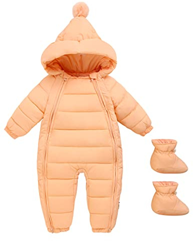Maeau Snödräkt nyfödd baby huvtröja kappa pojke flicka sparkdräkt vinter snödräkt 0–24 månader, Orange med skor, 0-6 mois