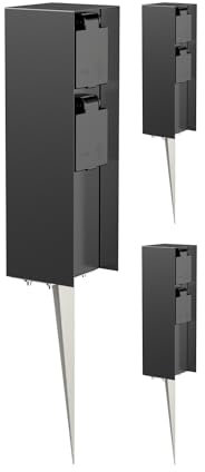 ledscom.de 3 Stück Garten-Steckdosen-Säule POMI mit Erdspieß für außen, IP44, 2-Fach, schwarz, eckig, 23cm