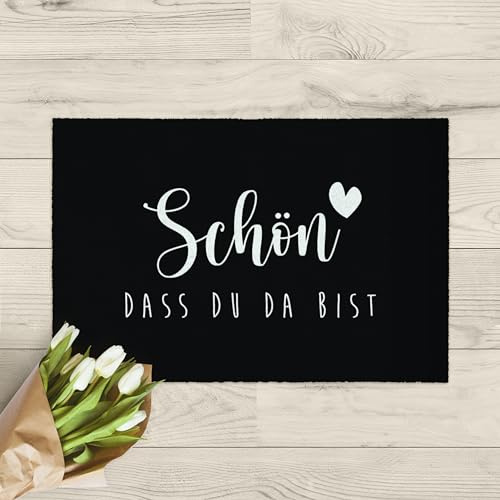 LA KO Waschbare Fußmatte 50x75cm - hochwertig Bedruckte Fußmatte aus Deutschland - Türmatten mit modernen Sprüchen (Schön DASS du da bist)