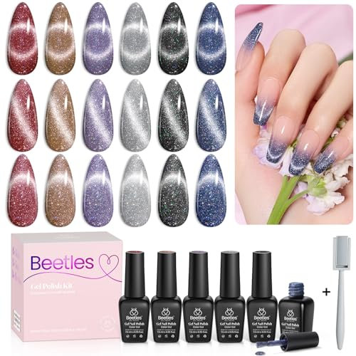Beetles UV Cat Eye Gel Nagellack - 6 Farben Holografisches Laser Katzenaugen Gel Nagellack Set Rot Marineblau Lila Glitzernd LED Nagellampe Maniküre Sets für Anfänger Nail Art Maniküre