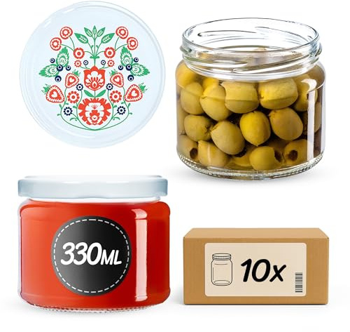 KADAX Tarros de conservas con tapa de rosca, Frascos de Vidrio, tarros de mermelada de 330 ml, tarros para mermeladas, mermeladas, miel, tarros con tapón de rosca (folclórico/10 unidades)