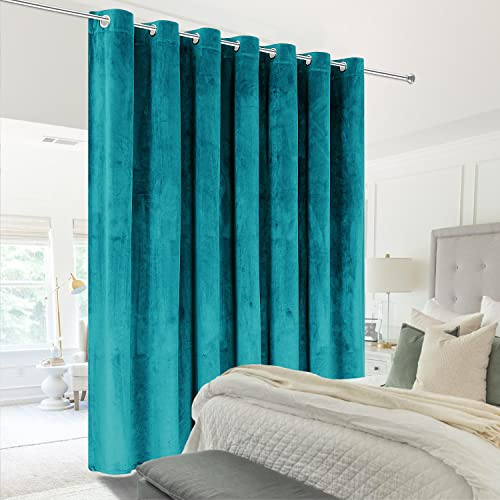 Victree Room Divider Curtain for Bedroom, Wide Velvet Curtains for Sliding Glass Door, Grommet Screens Sound Proof Privacy Curtain Panel for Living Room, 1 Panel, 9ft Wide x 7ft Tall, Teal Blue