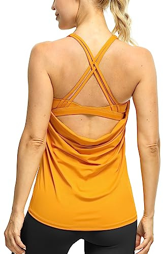 icyzone Camiseta sin mangas de entrenamiento con brasier integrado, camisetas de yoga atléticas con tiras para mujer, para ejercicio, correr, gimnasio, Amarillo Dorado, XL
