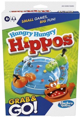 Hasbro Gaming Hungry Hungry Hippos Travel Game, Travel Games for Kids, Portable Grab and Go Marble-Chomping Game for Ages 4+