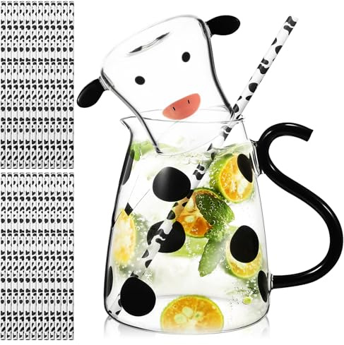 Alipis Cow Water Carafe with Tumbler Glass Set, 550ML Bedside Carafe with Cow Paper Straws, Cute Animal Glass Pitcher Water Drinking Jug with Lids for Iced Tea, Milk, Coffee, Wine