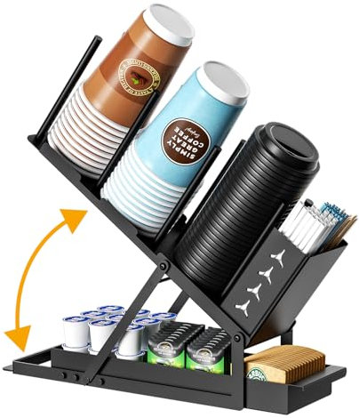 ZDDLOINP Tassen- und Deckelhalter mit Strohhalm-Organizer, Kaffeestation-Organizer, Metall-Tassenspender, 5 Fächer, Kaffeetassenhalter für Kaffeebar-Zubehör, Einweg-Pappbecher, Kunststoffbecher,