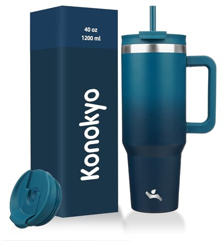 Konokyo 40 oz Tumbler with Handle and 2 Straws,2 in 1 Lid Insulated Water Bottle Stainless Steel Travel Coffee Mug,Indigo Black