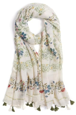QIUTIMIY Scarf for Women Lightweight Soft Floral Printed Scarves Fall Winter Fashion Shawl Wrap with Fringe(Flower-Beige Green)
