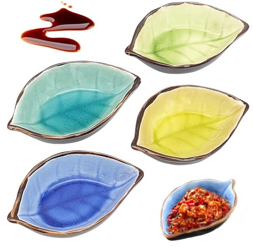 Cisolen 4 Piezas Salseras De Cerámica En Forma De Hoja Platos De Cerámica Para Salsas Cuencos Para Salsas Mini Cuencos Para Salsas Aperitivos Condimentos Postres Frutas Snacks