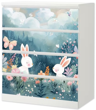 Möbelfolie Hasen Bergwiese passend für Ikea Malm Kommode 4 Schubladen DIY | Selbstklebende Schrankfolie für glatte Schubladenfronten Klebefolie Kinderzimmer Schlafzimmer DIY Upcycling 4 Schubladen
