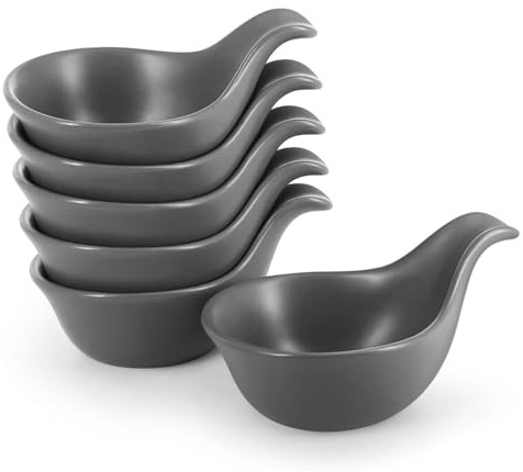 Flexzion Keramik-Dip-Schalen, kleine Schalen zum Dippen mit Griff, Gewürzbecher, Sojasaucenschale, Porzellan-Schälchen, Soßenhalter, Behälter für kleine Beilagen, Dips, 85 ml, Grau, 6 Stück