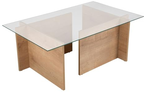 Snyggt kaffebord, honung ek 105 x 65 x 40 cm | 100% härdat glastopp, 100% melaminbelagd partikelbräda, 18 mm tjock | Modern och elegant design
