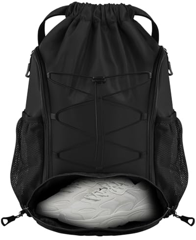 BROTOU Soccer Bags, Football Backpack, Volleyball Bag, Drawstring Soccer Backpack with Ball and Shoe Compartment (Black)