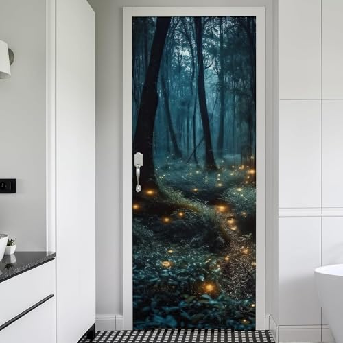 REDAMANCY Mystic Forest Tree Mushroom Firebee Peel and Stick Door Stickers Vinyl 3D Door Mural Decals Decor Wallpaper Self-Adhesive, Waterproof, Removable
