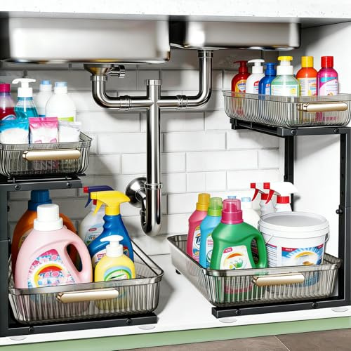 ARSTPEOE Under Sink Organizer - 2 Packs Multi-Purpose Pull-Out Storage Organizers, Slide out Pull out Cabinet Organizer Shelf, Storage for Kitchen Bathroom, Clear