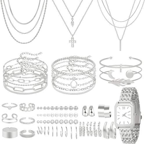 NEWITIN 49 Pieces Silver Jewelry Set for Women Fashion Costume Jewelry Silver Plated Necklace Bracelet Watch Ring Earrings Set for Women