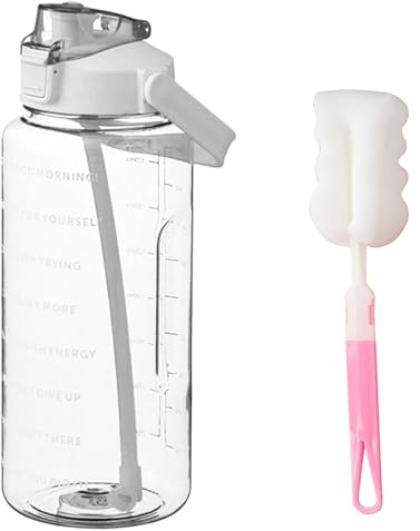 2L Water Bottle with Straw,Clear Leakproof Sports Bottle with Time Markings,Portable Handle Drink Bottles,Heat Resistant Motivational Jug for Gym Hiking Ensure Drinking Throughout The Day (White)