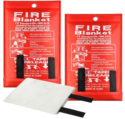 Wihozte Fire Blankets, Quick Unfolding Fireproof Fiberglass - 2PCS Fireproof for Home Caravan Kitchen Camping Office, Fiberglass Emergency Blanket with Storage Bag (1m×1m)
