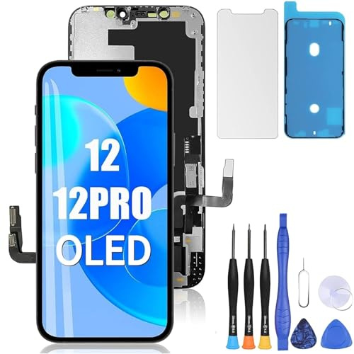 ZOETEC Écran de Remplacement Hard OLED pour iPhone 12/12 Pro (Pas LCD) 6,1’’ Full HD – Écran Tactile digitizer COF avec châssis, kit d’Outils de réparation, adhésif étanche et Verre trempé