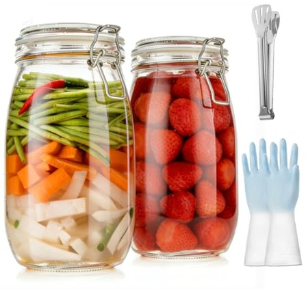 ZenithPeak 1.5L Einmachgläser, 2 Stück Fermentierglas Premium Einmachgläser mit Bügelverschluss Gläser mit Deckel Lebensmittelclip und Handschuhe Fermentationsglas für Sauerkraut, Kimchi,Kombucha
