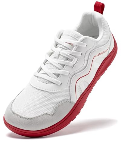 HOBIBEAR Zapatos anchos descalzos para hombre y mujer, suela de caída cero, tenis para caminar y correr, blanco y rojo, 37.5 EU