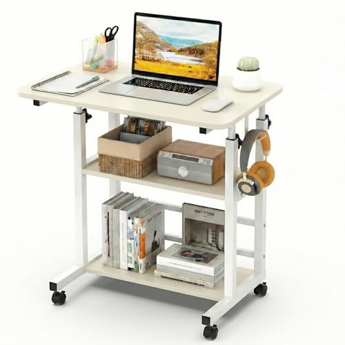 Huracan Höhenverstellbarer Betttisch mit Rollen 60×40×56–82 cm, 3 Ebenen, Stabiler H-Stahlrahmen, Mobiler Laptop- & Pflegetisch mit Feststellbaren Rädern, Weiß