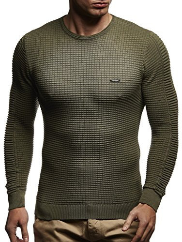 Leif Nelson Stickad tröja för herr rund hals – tunn herr stickad tröja för vinter och sommar – cool crewneck män tröja med rund krage, kaki, 3XL