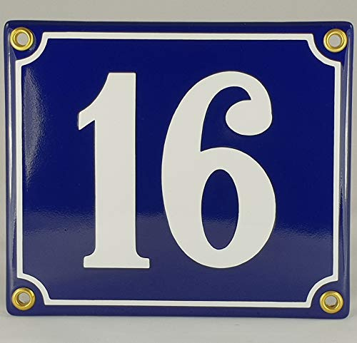 Hausnummer Emaille Schild Nr. 16 Blau-Weiß Handarbeit