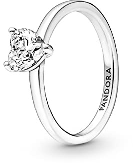 Pandora Timeless Anillo solitario con diseño de corazón centelleante de plata de ley con circonitas cúbicas transparentes, talla 56