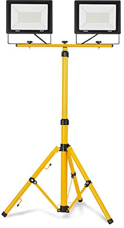 Aufun Projecteur de chantier LED blanc chaud 2 x 100 W avec trépied - Double projecteur LED Floodlight avec câble de 3 m - Lampe de travail étanche IP66 pour garage, jardin, chantier