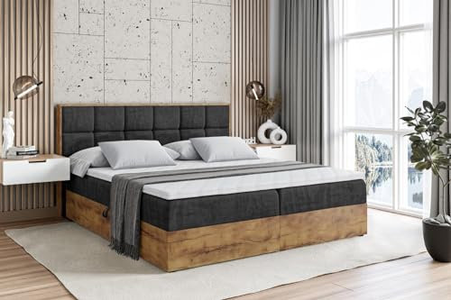 ALTDECOR Boxspringbett mit Matratze und Lattenrost, Topper, Fußteil,Polsterbett mit Bettkasten, Bett mit Stauraum H3-Matratze, Doppelbett, Boxbett - LOLLI2-180x200 - Schwarz Casablanca