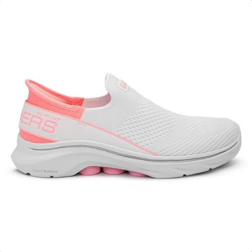 Skechers Women's Go Walk 7 Mia Slip-On Sneakers, White Textile/Neon Pink Trim, 6.5 UK