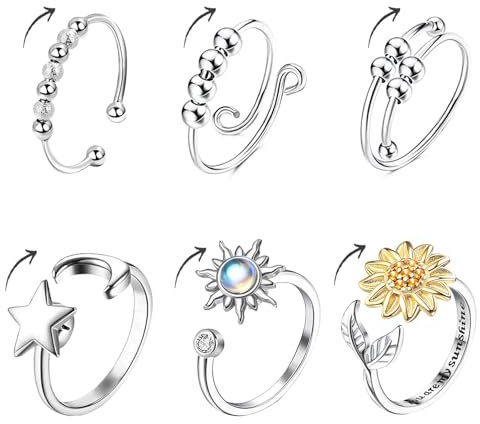 Uirheurd 6 Pcs Anelli Regolabili Antistress, Anelli Donna Impilabili Girevoli, Vari Stili Sloffy Anello Antistress per Uomo e Donna Gioielli Regalo