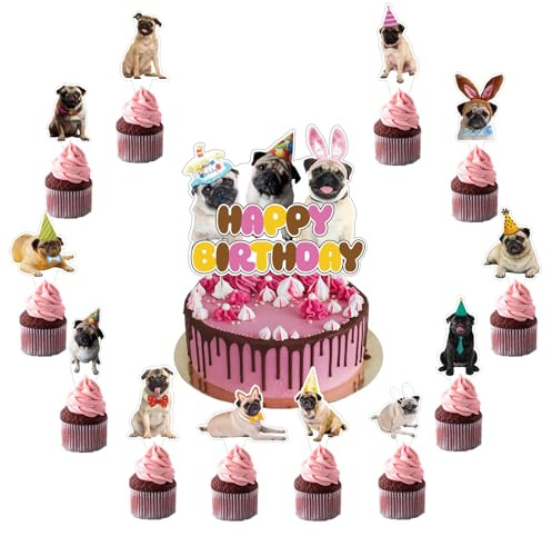 25 Pcs Pug Cake Decorations - Pug Cake Topper & Cupcake Toppers for Dog Birthday & Party Decorations